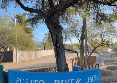 Image shows a bright blue sign that welcomes visitors with benches and shade.