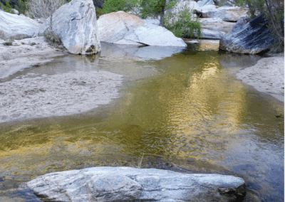 Image shows a wading pool formed by large granite boulders in Sabino Creek.