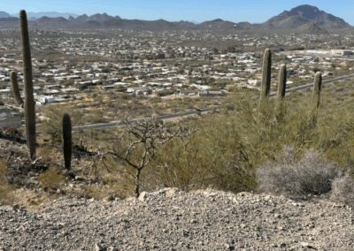 Image shows a panoramic view from the trail with saguaros, the city, and a mountain range.
