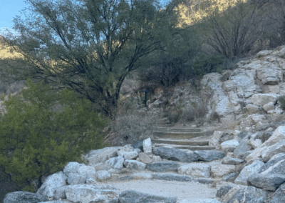 Image shows rock stairs at shuttle stop #9 leading to the north end of the Phoneline Trail.