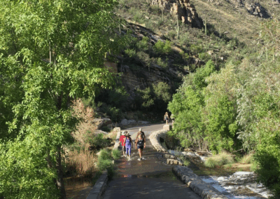 Image shows hikers wading through ankle-deep flowing water over a bridge after a storm.