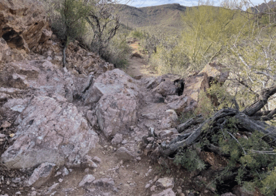 Image shows a heap of large boulders constricting a very narrow section of the trail.