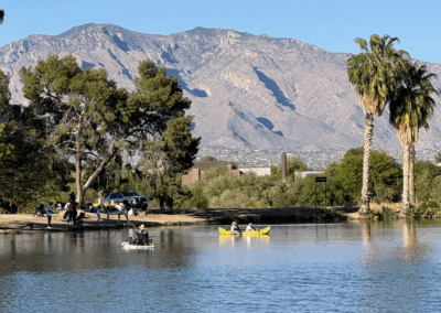 Image shows visitors kayaking at Silverbell Lake.