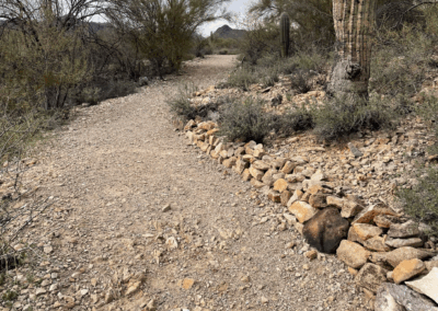 Image of a trail with rocks as a fence to separate the trail from desert fauna.